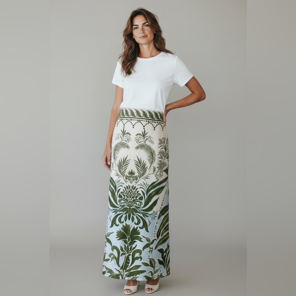 Floral Green and White Women's Skirt - Picture 4 of 7